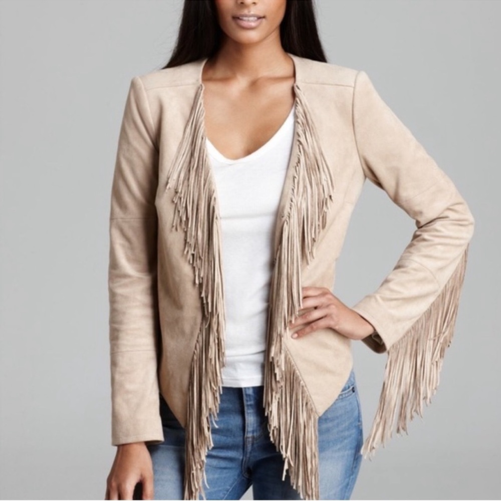 Guess Fringe Suede Open-Front Jacket - Beige